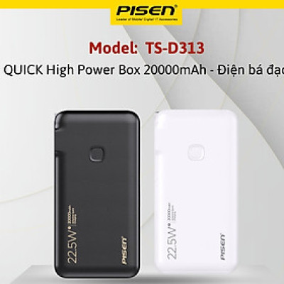 Sạc dự phòng PISEN D313 kèm chân cắm, kèm cáp sạc C/L, sạc nhanh  22.5w, 20000mAh - Hàng chính hãng