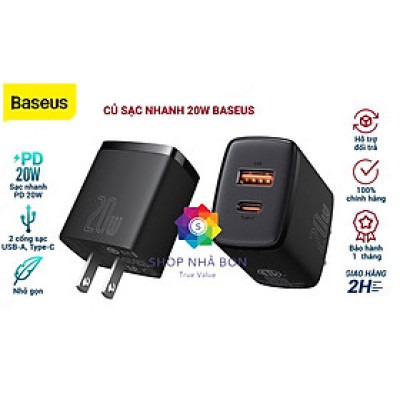 Cốc sạc nhanh siêu nhỏ gọn chân tròn Baseus Compact Quick Charger 20W (USB + Type C Dual Port, 20W PD/QC 3.0 Multi Quick Charge Support) dùng cho Samsung / Xiaomi/ Huawei/ OPPO / iPhone/iPad......Hàng chính hãng