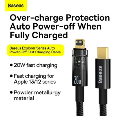 Cáp sạc nhanh Baseus 20W, Cáp sạc nhanh Tự Ngắt Gen2 Baseus Explorer Series cho iPhone/iPad (Type C to iPhone Auto Power-Off, PD 20W) - Hàng chính hãng