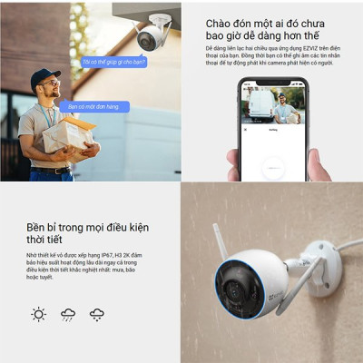  Camera Wi-fi EZVIZ H3 2K (3MP) & 3K (5MP), Ngoài Trời, Ghi Hình Màu Ban Đêm, Đàm Thoại, Chống Nước IP67, Nén H265 - Hàng Chính Hãng