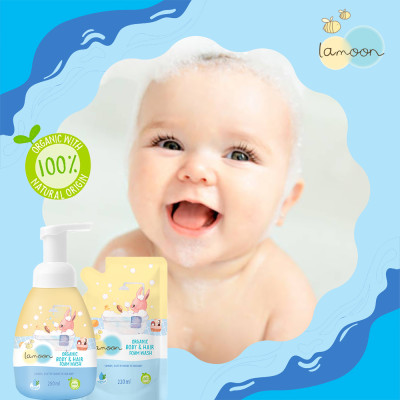 COMBO Sữa tắm gội Organic cho bé từ sơ sinh dạng bọt Lamoon dạng Bình 250ml + Túi refill 220ml
