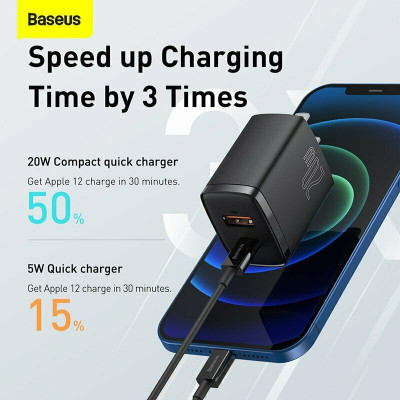 Củ sạc nhanh PD 20W Baseus Compact Quick Charger chuôi dẹt 1 cổng Usb và Type-C - Hàng chính hãng
