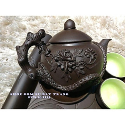 Bộ ấm trà gốm đắp tay khay chữ nhật 29x19cm