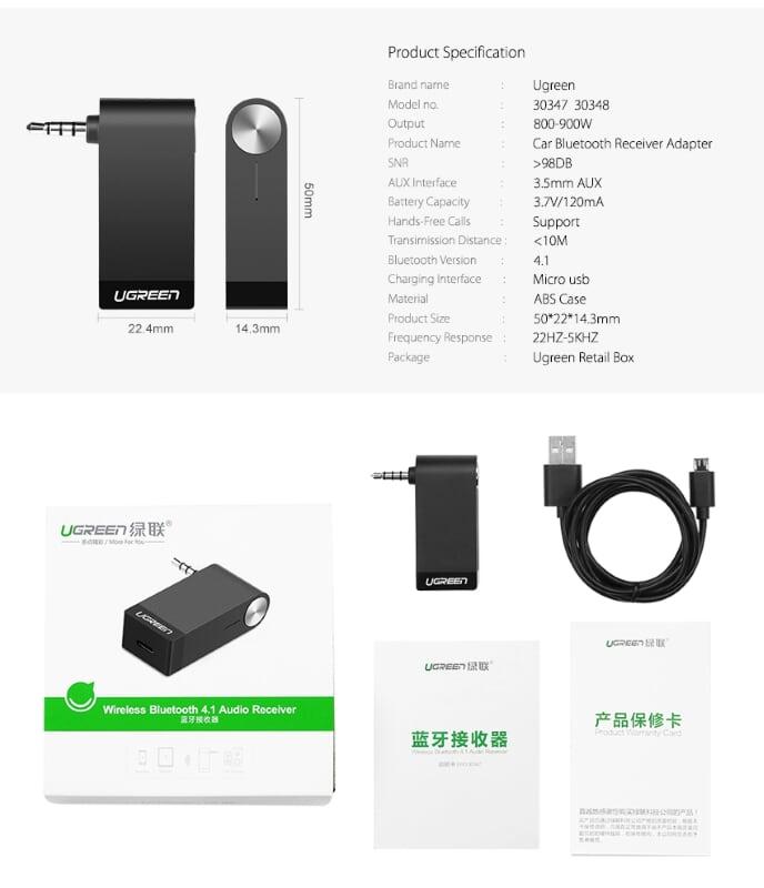 Ugreen UG30348MM114TK BT 4.1 màu Đen Thiết bị nhận âm thanh Bluetooth có Micro - HÀNG CHÍNH HÃNG