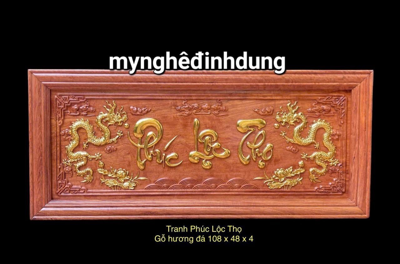 Tranh khắc chữ phúc lộc thọ bằng gỗ hương đá kt 48x108x4cm