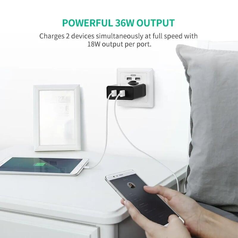 Ugreen UG40585CD161TK Màu Đen Củ sạc nhanh QC 3.0 hỗ trợ 2 cổng USB - HÀNG CHÍNH HÃNG