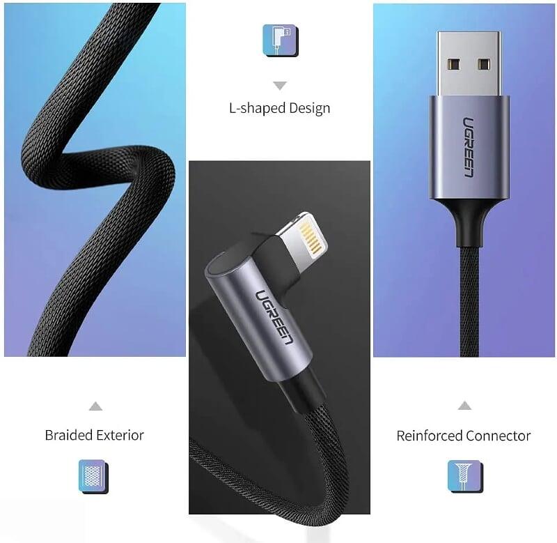Ugreen UG60521US299TK 1m black usb 2.0a revolution lightning male elbow plug nickel-plated aluminum shell with braided net - HÀNG CHÍNH HÃNG