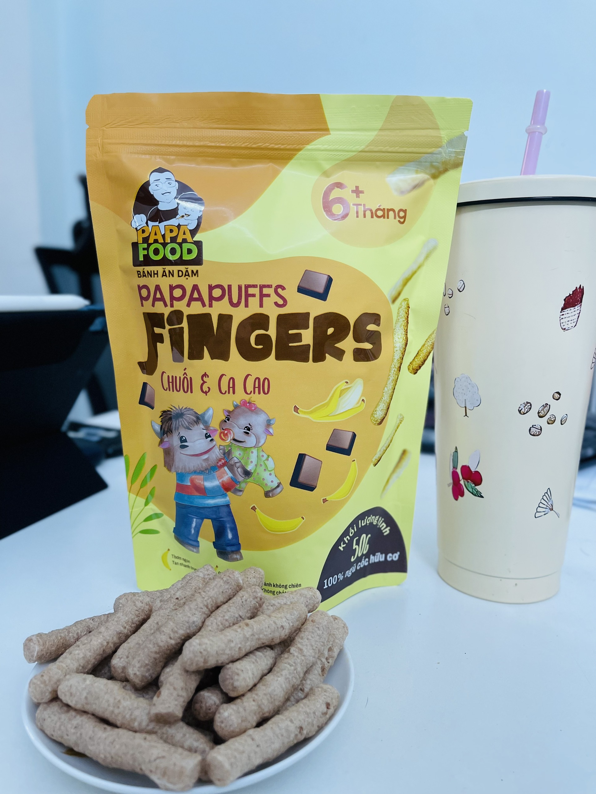 BÁNH ĂN DẶM PAPAFOOD PAPAPUFFS - FINGERS VỊ CHUỐI VÀ CA CAO - 100% NGŨ CỐC HỮU CƠ