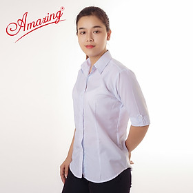 Áo sơ mi nữ tay lỡ màu trắng hiệu Amazing,không túi, có 4 ben eo, vải KT silk thấm hút mồ hôi, size từ 40-80kg