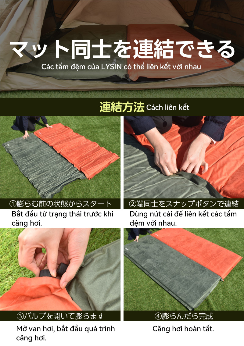 Lysin - đệm nằm dã ngoại (roonjgcm dày 8cm, chất liệu da lộn) tự bơm hơi thoảng mái chống thấm nước cắm trại ngoài trời, picnic du lịch camping có thể liên kết với nhau
