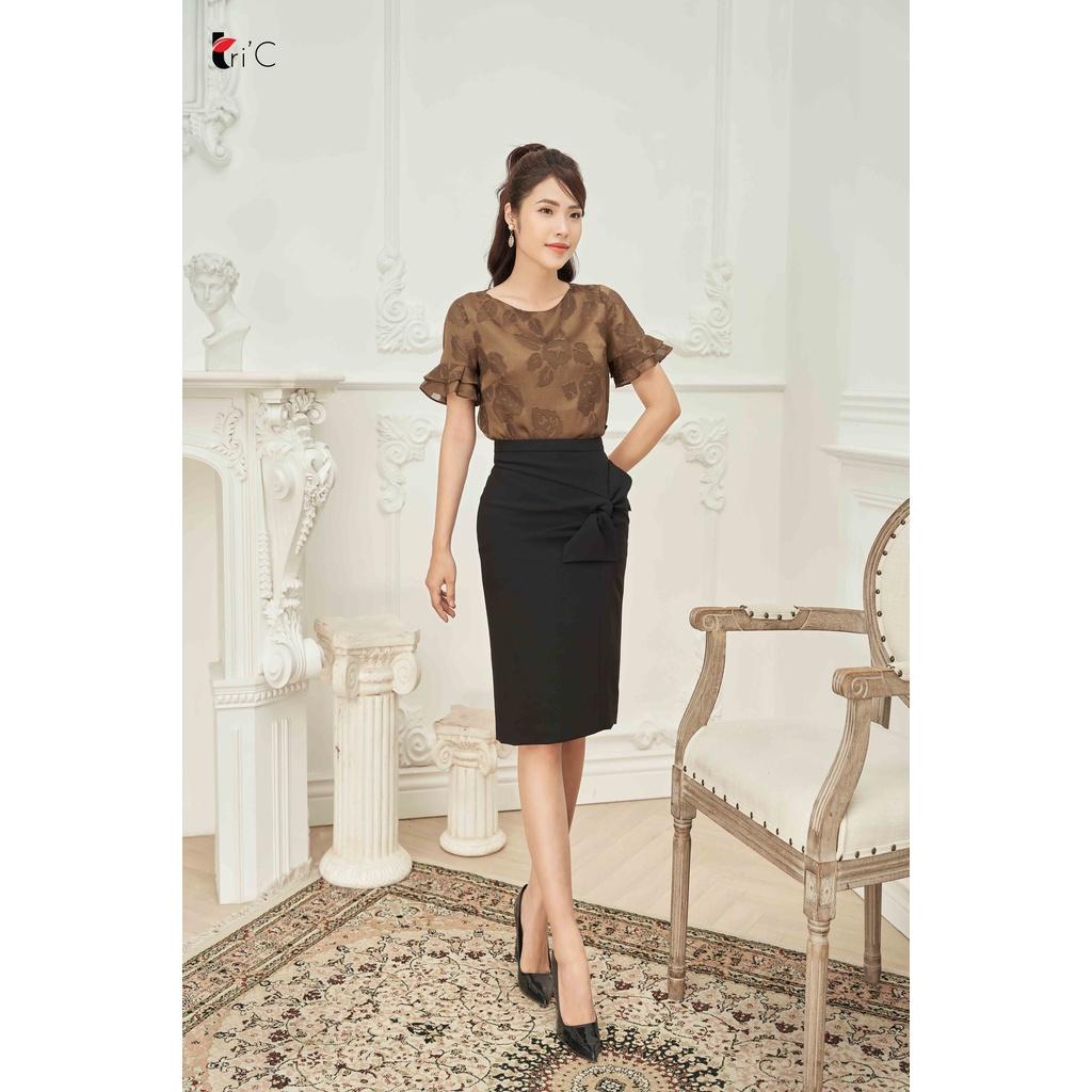 Áo kiểu Sơ mi hoa chìm nâu, tay bèo Tri