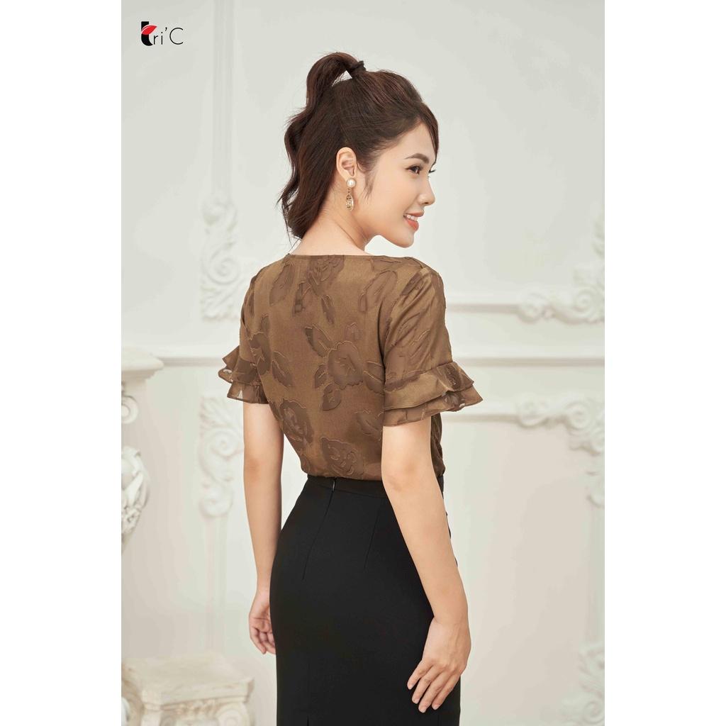 Áo kiểu Sơ mi hoa chìm nâu, tay bèo Tri