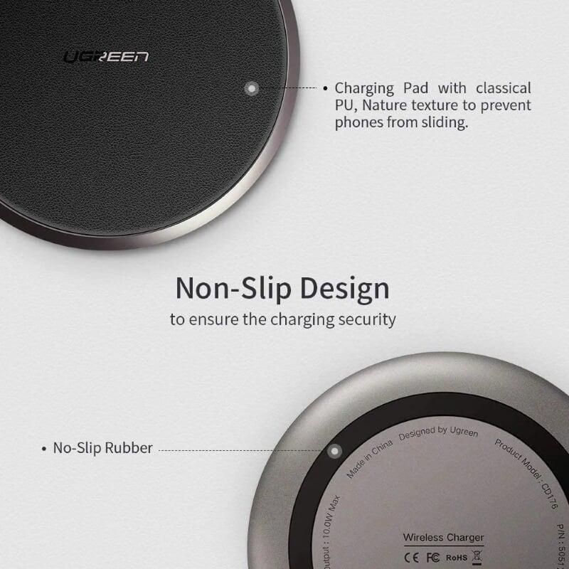 Ugreen UG50517CD176TK 10W sạc nhanh chuẩn QI không dây màu đen có phủ lớp chống trượt - HÀNG CHÍNH HÃNG