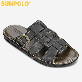 Dép nam quai ngang da bò cao cấp SUNPOLO AQN001 phiên bản đen