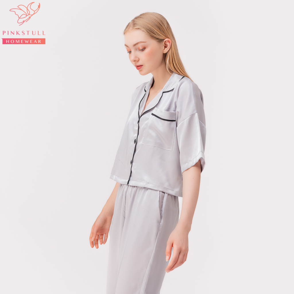 Bộ đồ ngủ pijamas tay ngắn quần dài Pink Stull 3 Màu:xám viền đen,đỏ viền trắng,hồng viền đen