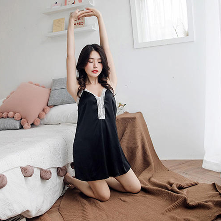 Váy ngủ lụa phối ren ngực cao cấp QK24 - Váy ngủ 2 dây - Đầm ngủ nữ - Đồ ngủ sexy - Đồ ngủ mặc nhà