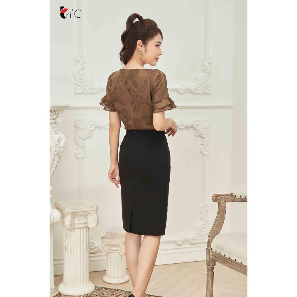 Áo kiểu Sơ mi hoa chìm nâu, tay bèo Tri