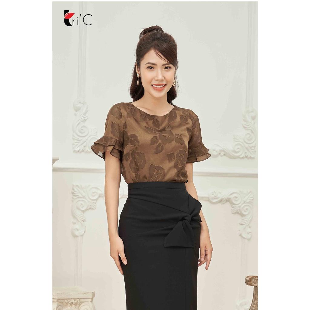 Áo kiểu Sơ mi hoa chìm nâu, tay bèo Tri