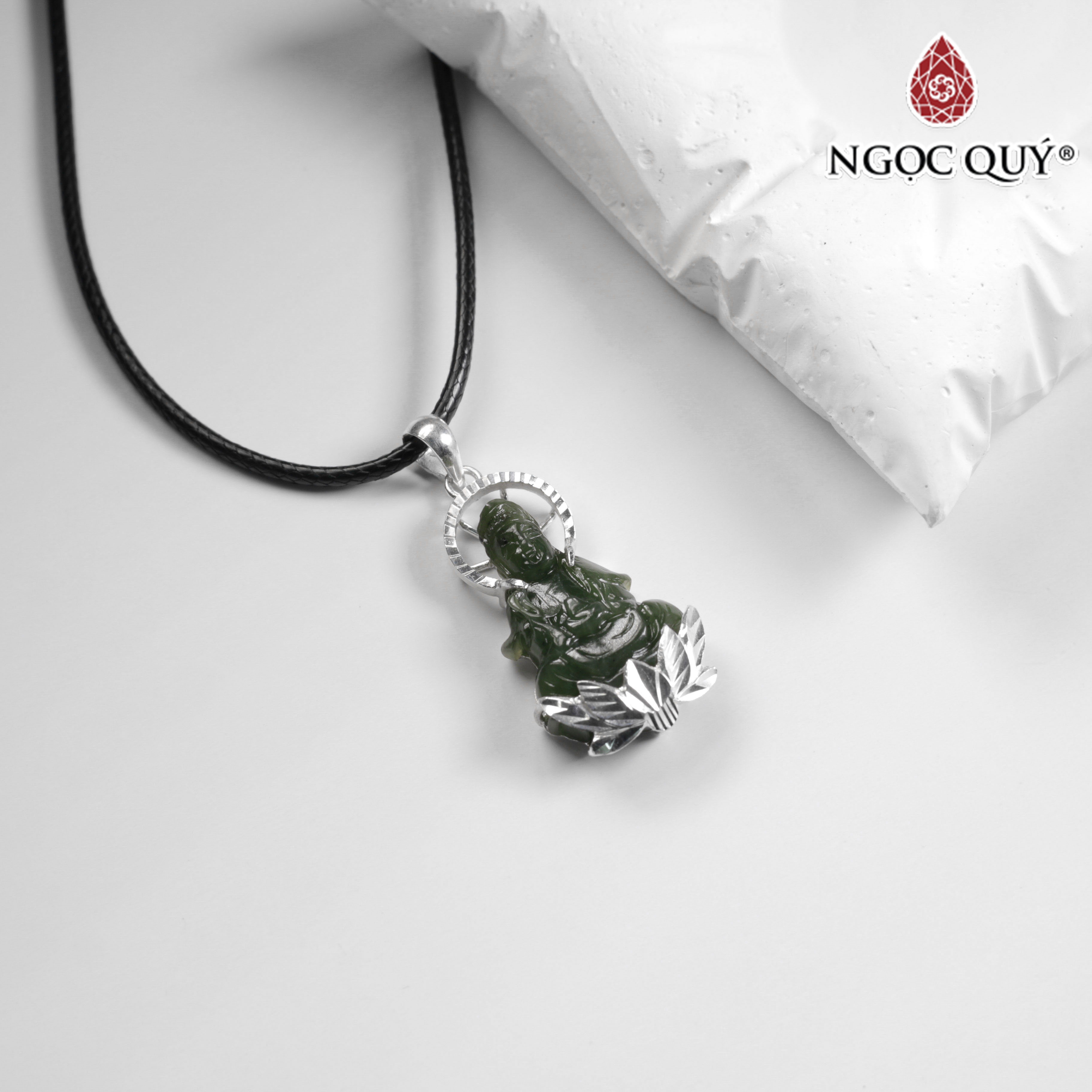Mặt dây chuyền phật bà Ngọc bích bọc bạc 33x18mm mệnh mộc, mệnh hỏa - Ngọc Quý Gemstones