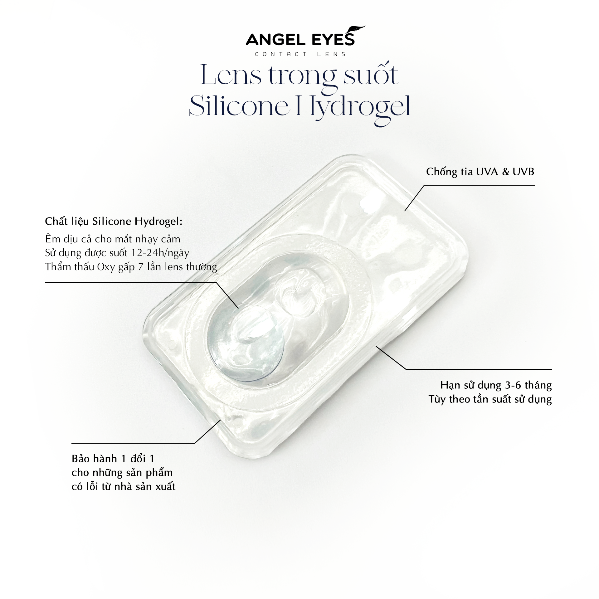 Lens trong suốt có độ cận dòng cao cấp chất liệu Silicone Hydrogel Angel Eyes độ cận 1 - 15