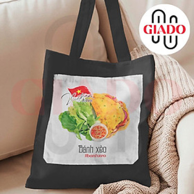 Túi canvas GIADO, túi canvas đen, túi tote in hình món ăn Việt Nam mẫu bánh xèo