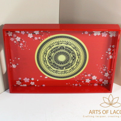 Khay Sơn Mài Hình Trống Đồng Hoa Đào