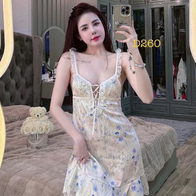 Váy Ngủ D260 Lụa Quảng Châu Cao Cấp Cột Dây Hoa Gợi Cảm