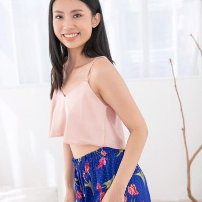 Bộ đồ ngủ dây ngắn Pink Stull áo dây hồng quần xanh hoa
