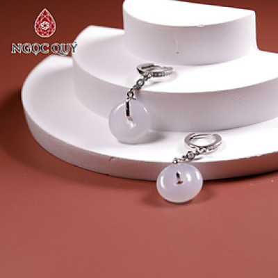 Bông tai bạc đồng điếu đá cẩm thạch phỉ thúy màu bạch ngọc type A mệnh hỏa , mộc - Ngọc Quý Gemstones