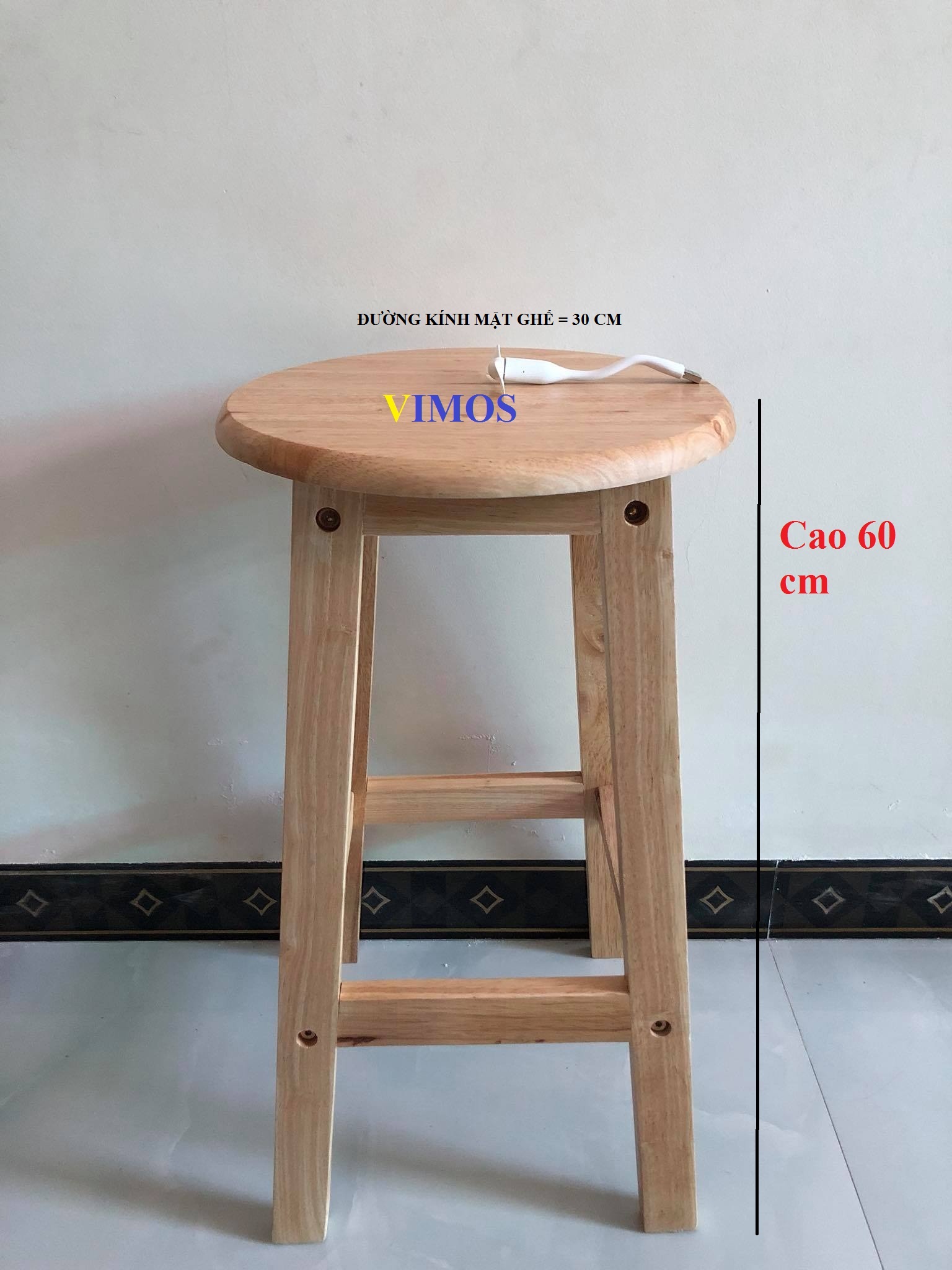 Ghế ngồi gỗ tự nhiên VIMOS cao 60cm -Tặng quạt USB( màu ngẫu nhiên)