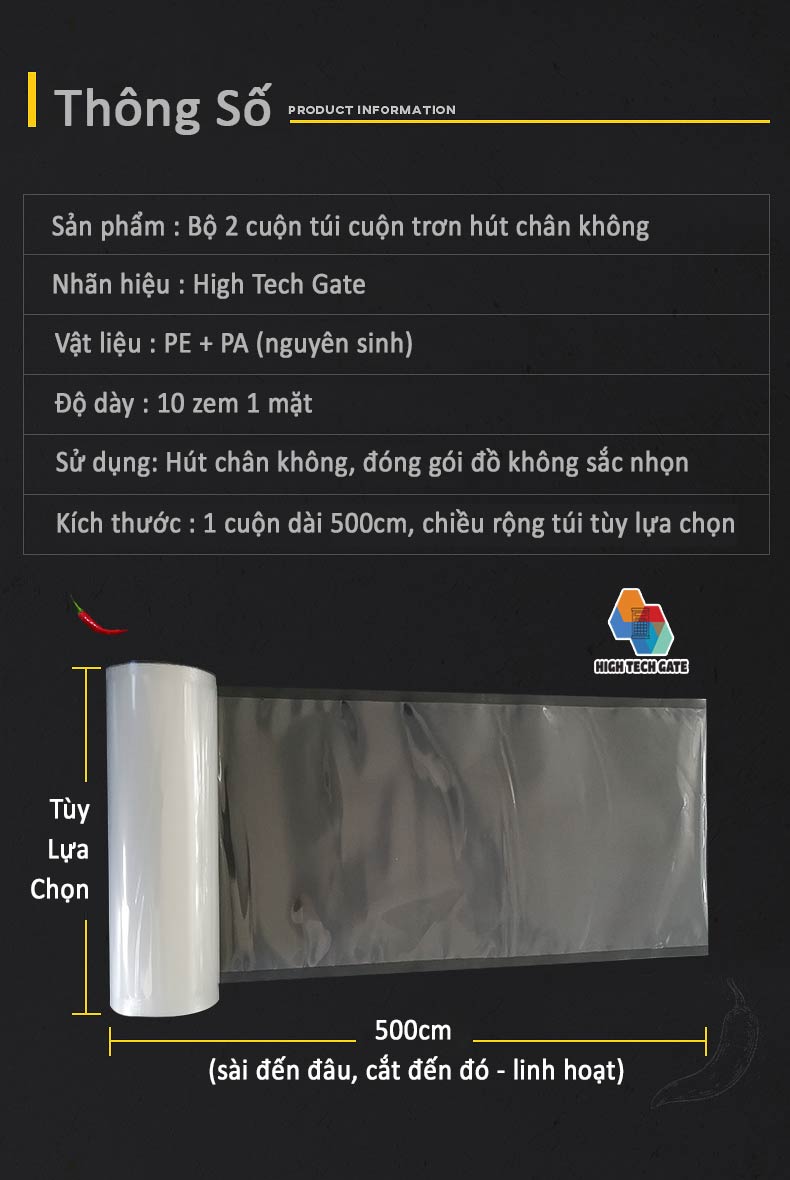 Túi Hút Chân Không Thực Phẩm Dạng Cuộn Trơn Phẳng 2 Mặt HTG, Đầy Đủ Kích Thước