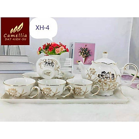 BỘ ẤM CHÉN MEN TRẮNG HỌA TIẾT HOA SEN VÀNG KIM_ AVN6