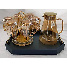 COMBO BỘ BÌNH CỐC THỦY TINH CHỊU NHIỆT VÂN SỌC KÈM ÚP CỐC INOX VÀ KHAY GỖ ( KHAY XANH GIAO NGẪU NHIÊN)