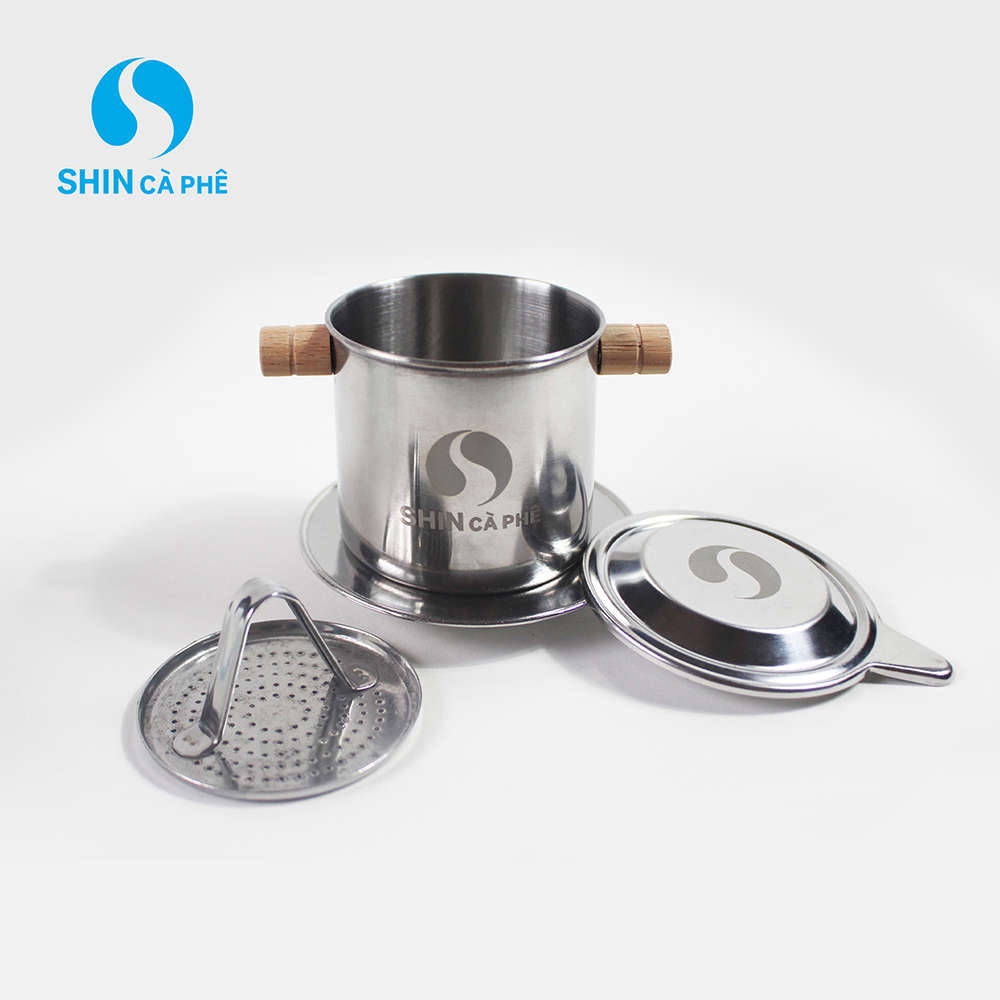 SHIN CÀ PHÊ - PHIN INOX TAI GỖ LOGO