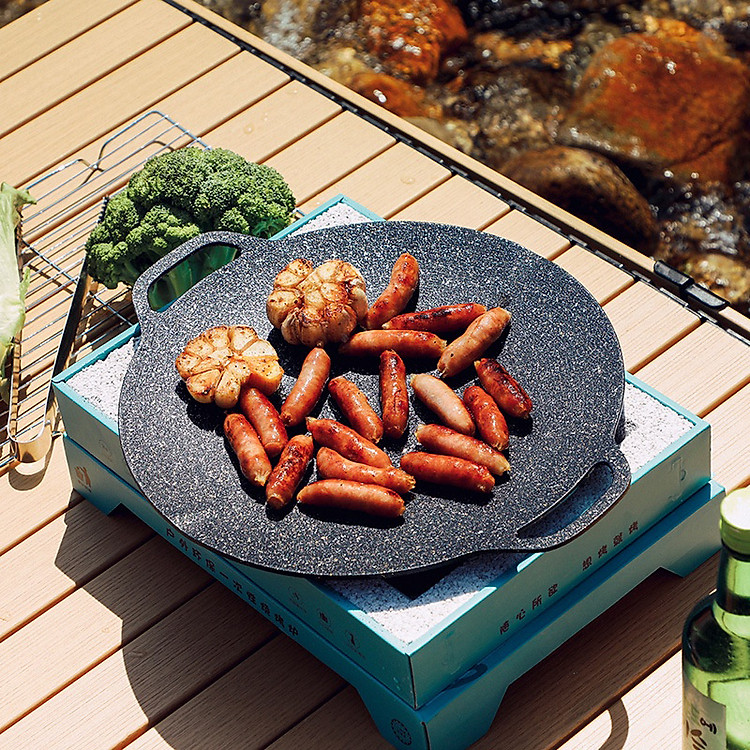 Chảo Nướng Tròn Thịt BBQ Chống Dính Cao Cấp Size 34cm Dùng Cho Mọi Loại Bếp – Chảo Gang Đen Nướng Chuyên Dụng Kiểu Hàn Quốc