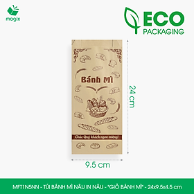 MFT1N5NN - 24x9.5x4.5 cm - 100 Túi bánh mì Nâu, in sẵn họa tiết GIỎ BÁNH MÌ - Bao bánh mì Túi giấy thực phẩm an toàn