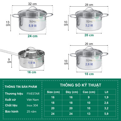 Bộ nồi 3 lớp đáy liền inox 304 cao cấp Fivestar Plus 4 món quai oval nắp kính , tặng 10 muỗng ăn