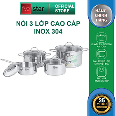 Bộ nồi 3 lớp đáy liền inox 304 cao cấp Fivestar Plus 4 món quai oval nắp kính , tặng 10 muỗng ăn
