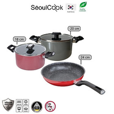 Bộ nồi chảo đáy từ 3 món gồm 2 nồi 18-20cm, 1 chảo 24cm Easy Kimscook chống dính vân đá Hàn Quốc