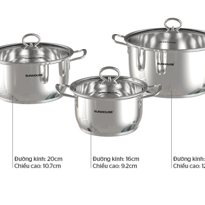 Bộ nồi Inox 5 đáy Sunhouse SHG788 Dùng Cho Bếp Từ và Mọi Loại Bếp