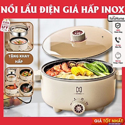 Nồi Lẩu Điện MANDELI Hiệu Suất Lớn 1000W Dung Tích 4L, Kèm Sửng Hấp Inox Lẩu, Chiên Dán Xào Đa Năng