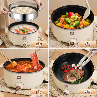 Nồi Lẩu Điện MANDELI Hiệu Suất Lớn 1000W Dung Tích 4L, Kèm Sửng Hấp Inox Lẩu, Chiên Dán Xào Đa Năng