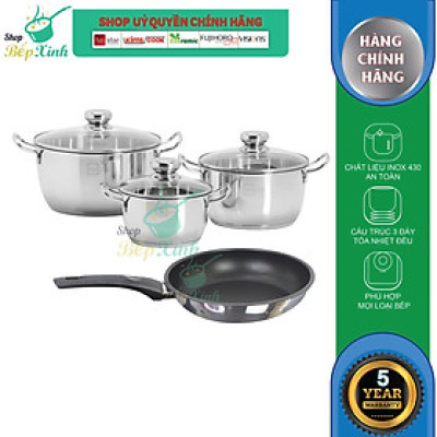 Bộ nồi inox và chảo chống dính cao cấp Fivestar 4 món 3 đáy từ , nắp kính ( tặng 1 vá canh)