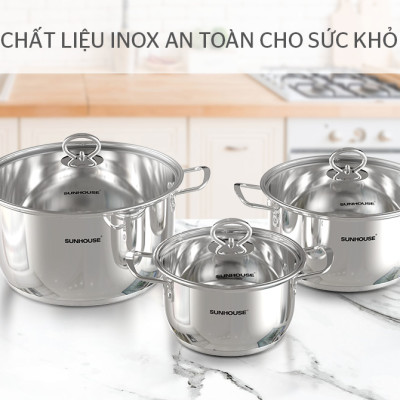 Bộ nồi Inox 5 đáy Sunhouse SHG788 Dùng Cho Bếp Từ và Mọi Loại Bếp