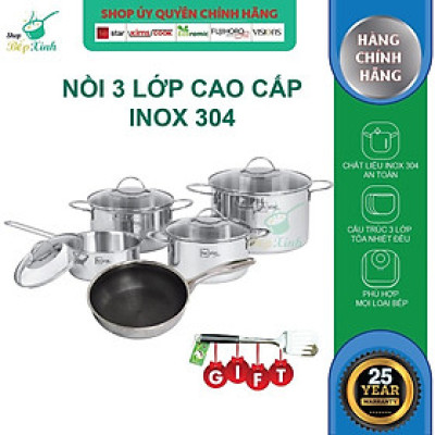 Bộ nồi chảo chống dính sâu lòng tổ ong 3 lớp đáy liền inox 304 Fivestar Plus quai oval nắp kính , tặng 1 sạn inox