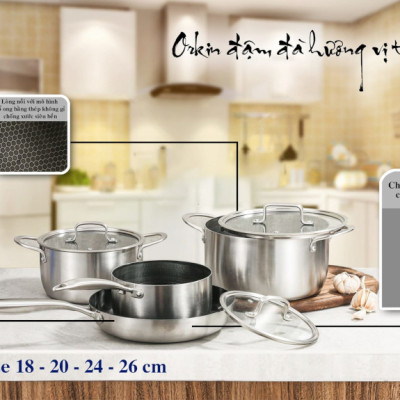 Bộ nồi chảo Inox 304 chống dính Blackcube Orkin Thái Lan OR06 thân đúc đáy liền - Hàng chính hãng