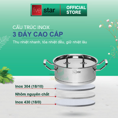 Bộ nồi quánh 3 đáy inox 430 Fivestar Standard bếp từ nắp inox (1 quánh 16cm x 1 nồi 18cm x 1 nồi 20cm ) , tặng 5 muỗng