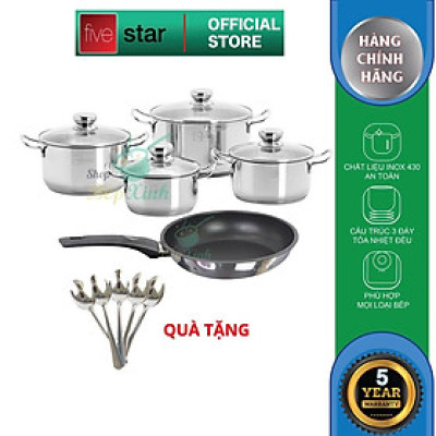 Bộ nồi chảo 3 đáy inox 403 Fivestar 5 món nắp kính tặng 5 muỗng ăn( N16cm x N18cm xN20cm x N24cm x chảo 24cm)