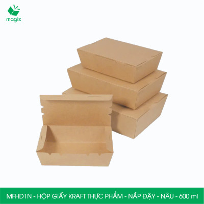 MFHD1N - Combo 100 hộp giấy kraft thực phẩm 600ml, hộp đựng thức ăn nắp đậy màu nâu, hộp gói đồ ăn mang đi