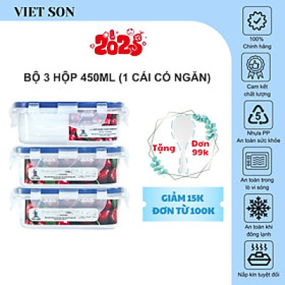 [TẶNG KHAY RÁO NƯỚC] Bộ 3 Hộp Đựng Thực Phẩm Có Vách Ngăn VIETSON 450ml Nắp Khóa 4 Cạnh Kín Hơi